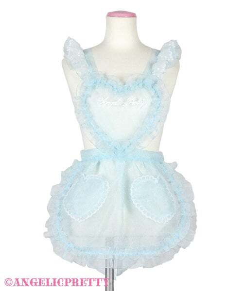 Preview of ■Angelic Pretty■Heart Fairyフリルエプロン サックス×白レース■ロリータロリィタガーリーハート胸当てロゴ刺繍入りサロンエプロン