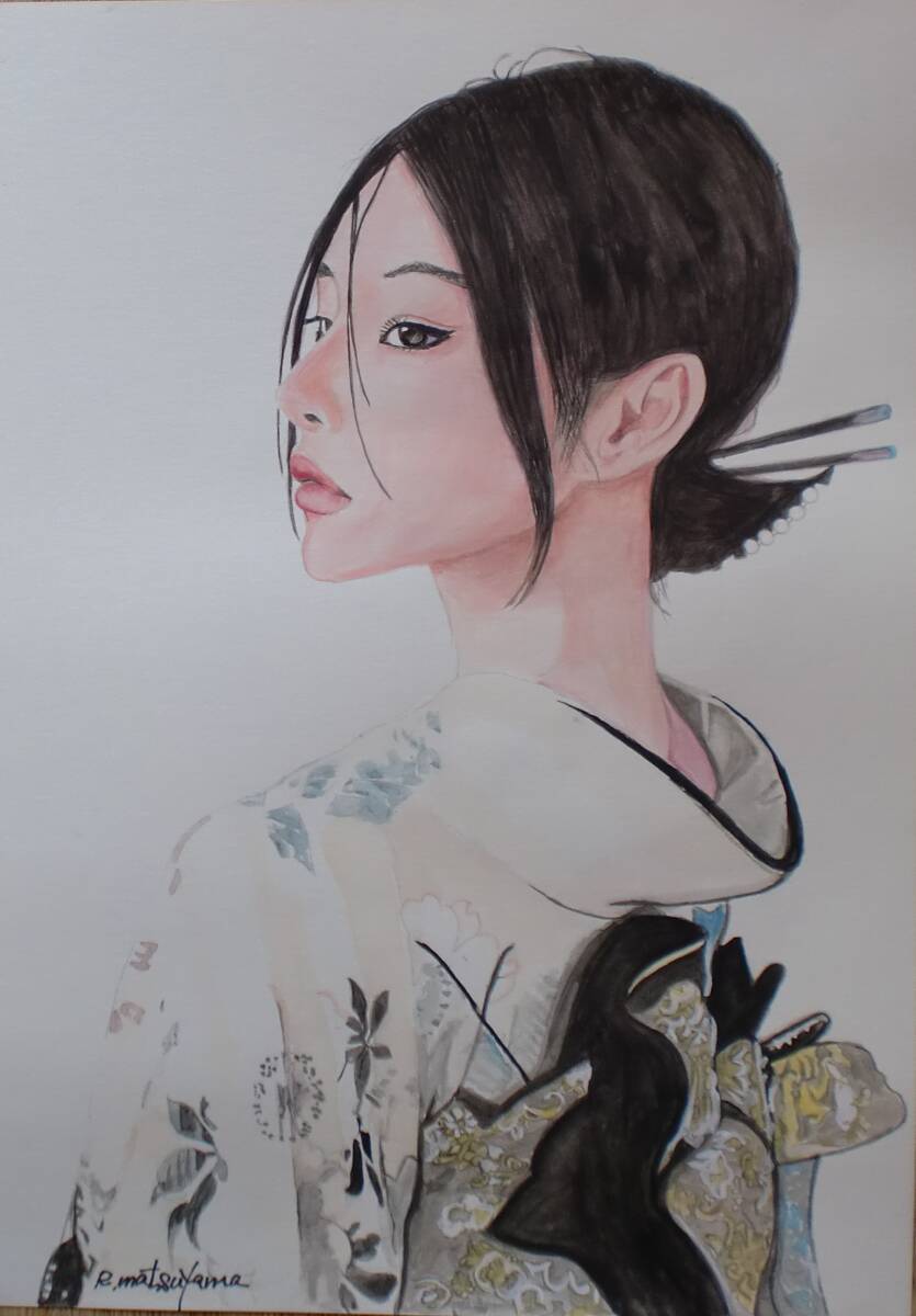 真作】絵画 関口将夫 水彩（色紙） 青い帽子の女性と蝶 Y175 【公式通販】