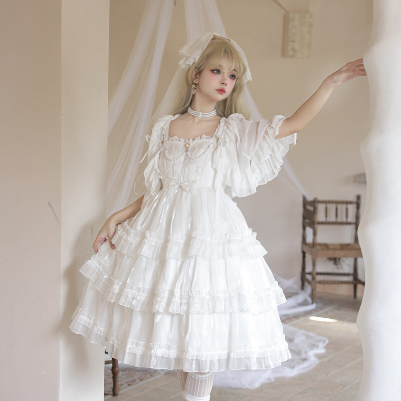Preview of ロリータ Lolita ワンピース ジャンパースカート ジャンスカ ドレス ゆめかわいい 光沢感 上品 リボン フリル ふんわり ゴスロリ 甘ロリ