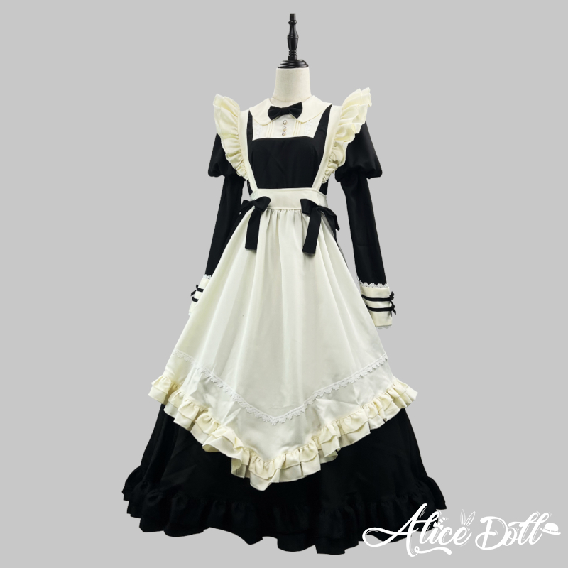 Preview of メイド服 ロリータ ロング丈 メイド ワンピース エプロン カチューシャ 付け袖 長袖 半袖 2way クラシック ドレス ロリィタ クラシカル