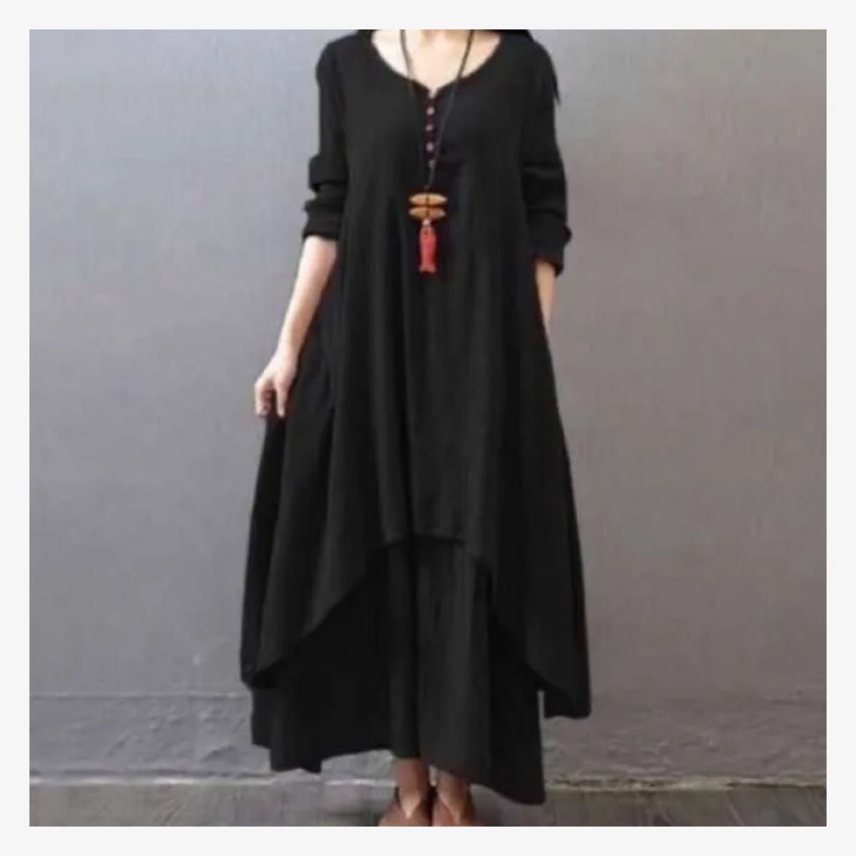 MHL. バンドカラー コットン ウール シャツワンピース 墨黒 日本製