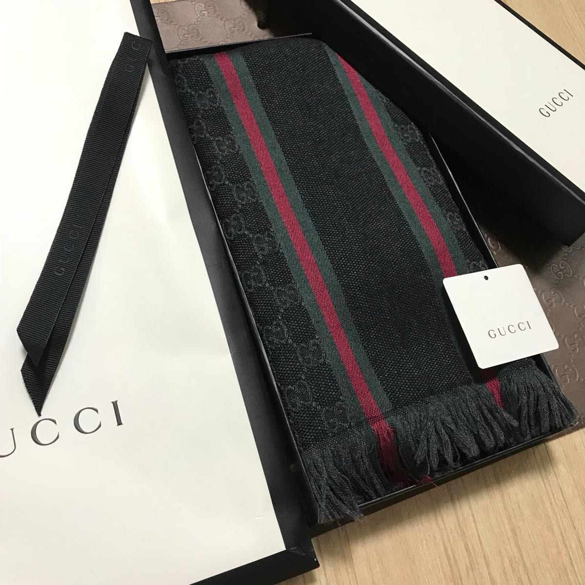 新品正規 GUCCIマフラー グッチマフラー 箱紙袋セット グッチ メンズ