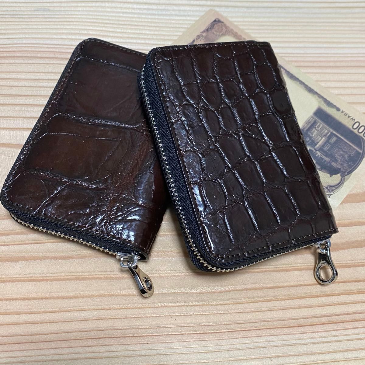 実物一枚革 クロコダイル財布 ラウンドファスナー ワニ革 鰐革/本革 手