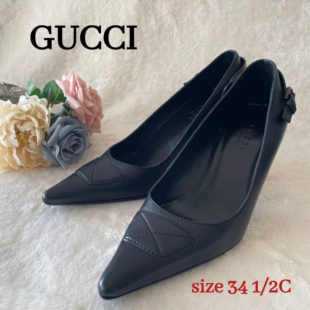 GUCCI グッチ Gロゴ プレート レザー スクエアトゥ ヒール パンプス 36 