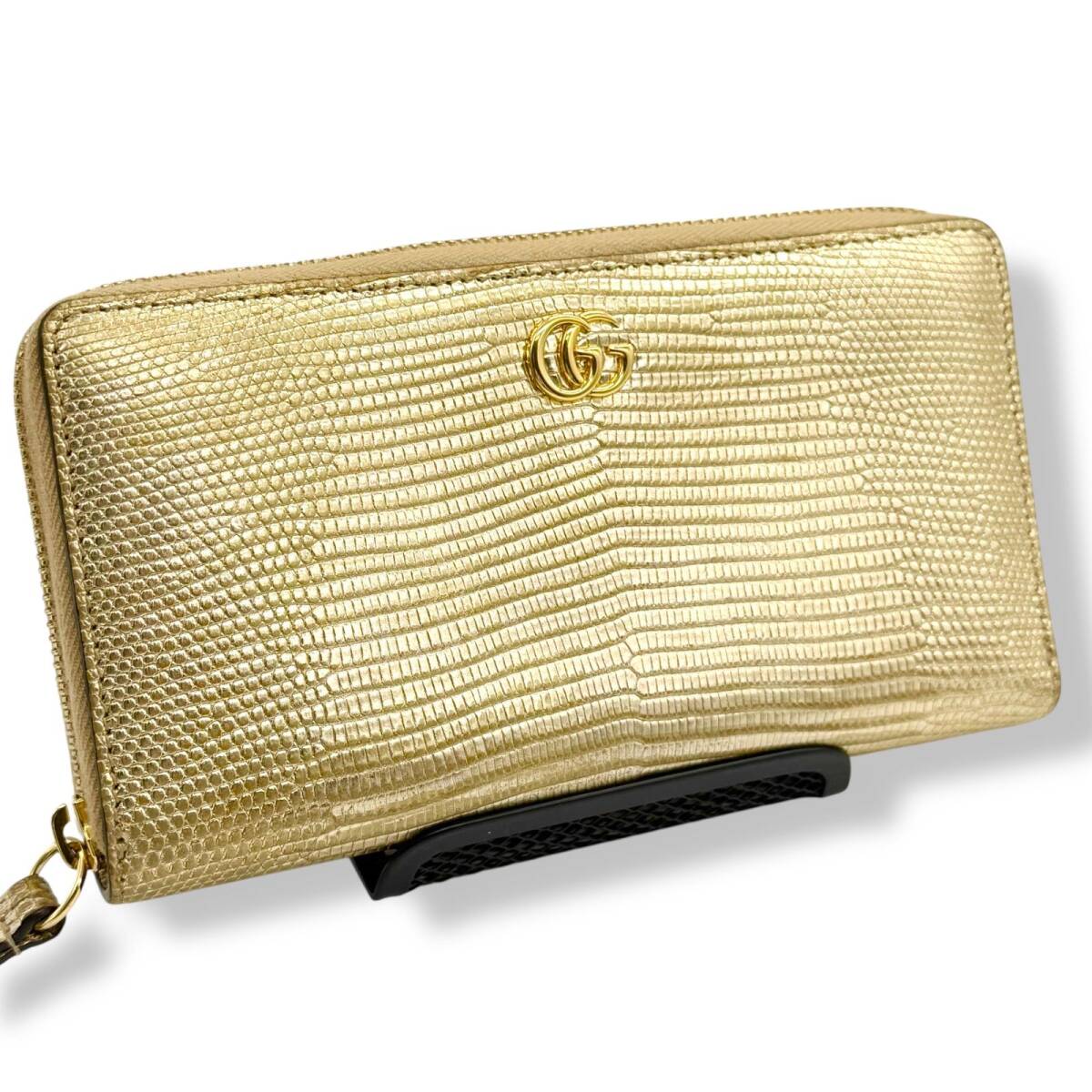 ★グッチ★ 長財布 GGマーモント リザード ラウンドジップウォレット ゴールド GUCCI - 美品 グッチ ラウンドファスナー GGマーモント 長財布