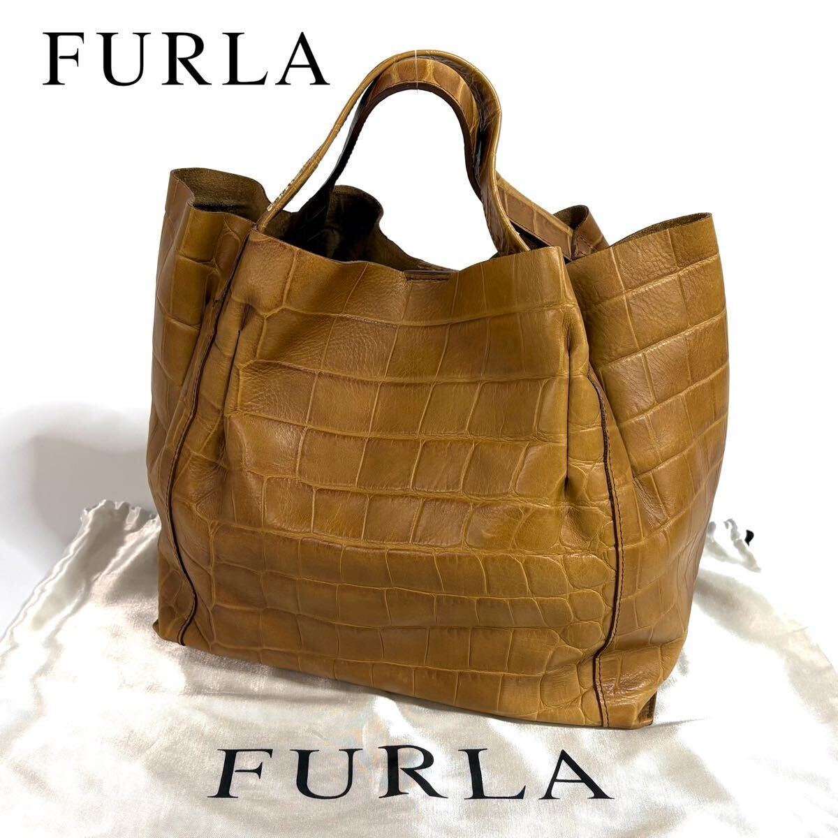 極美品 FURLA フルラ トートバッグ クロコ型押し ブルー系 レザー