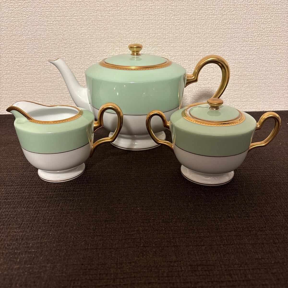 大倉陶園 色蒔き ライトグリーン ティーポット シュガーポット 
