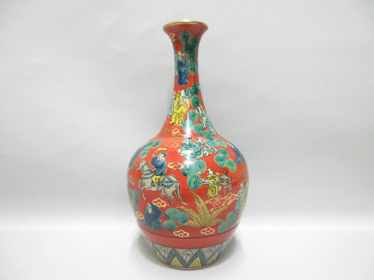 時代物 九谷焼 名工 川田稔 作 牡丹 扁壷 在銘 共箱 良品 華道具