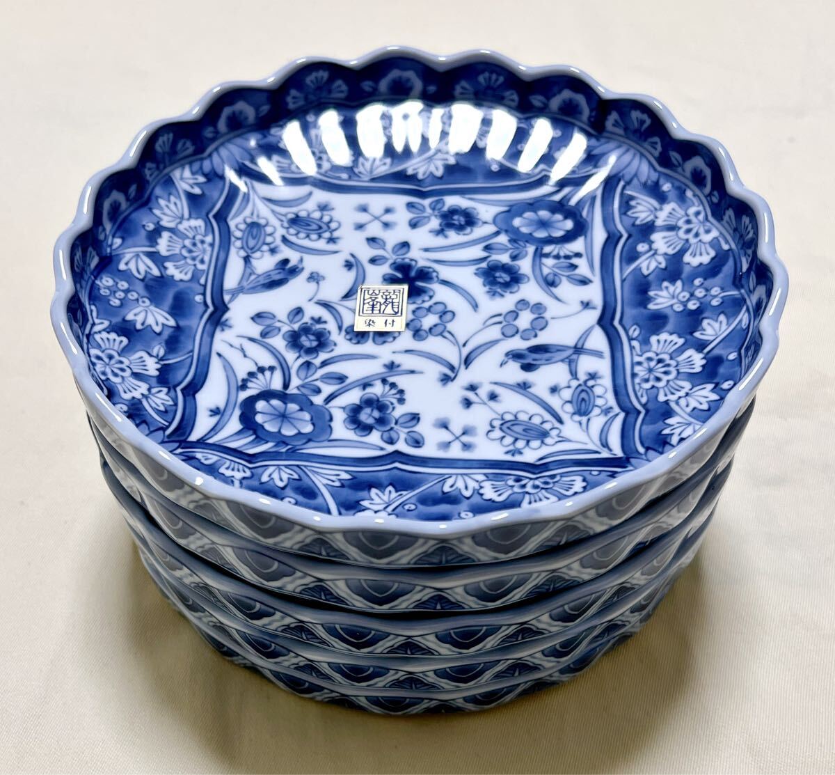 三洋陶器 龍峰窯 つみき 赤絵花鳥 ガラス デザートカップ 5個 小鉢 花