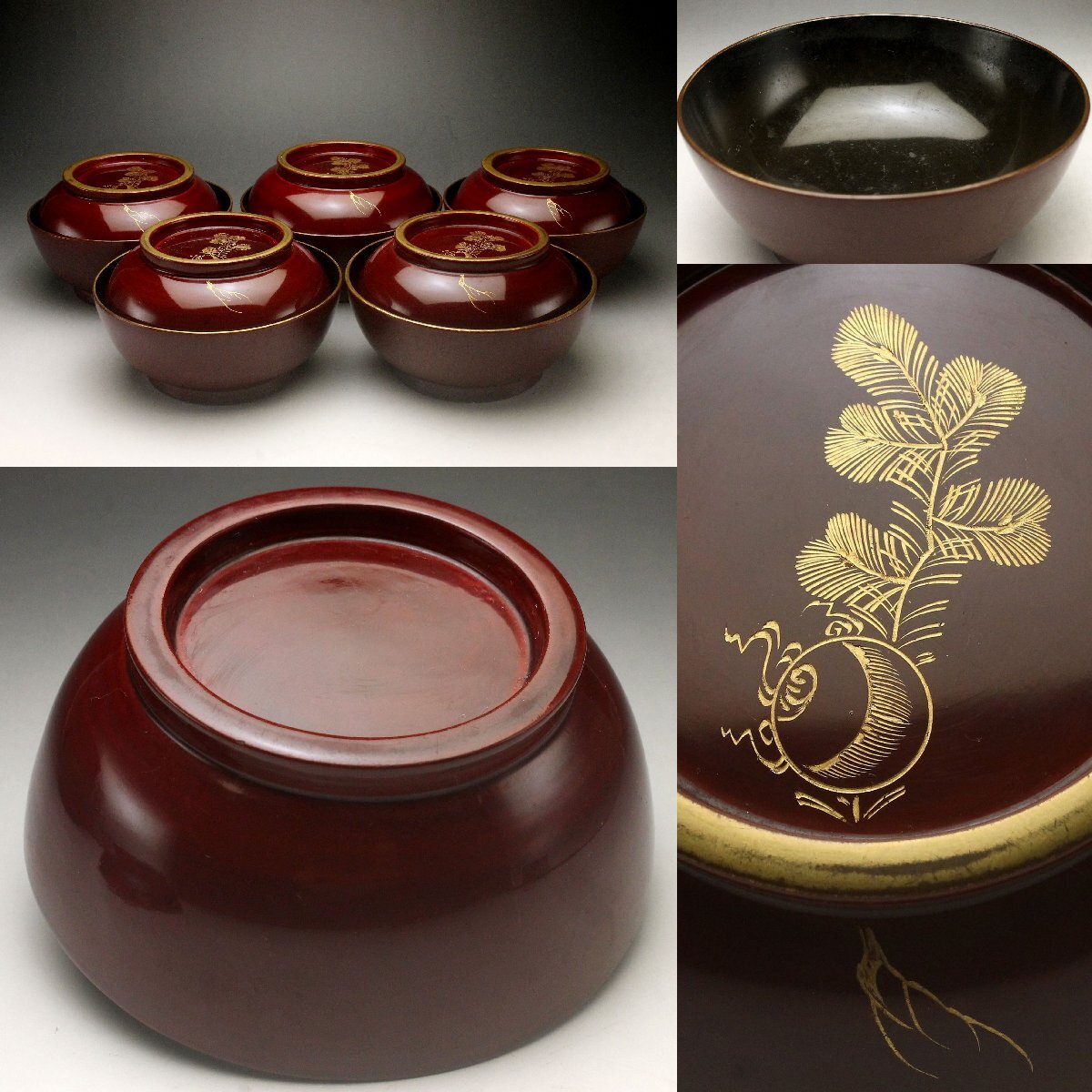 会津塗 金彩蒔絵蔦紋 蓋付きお吸い物椀 5客セット 漆器 汁碗 吸物椀揃