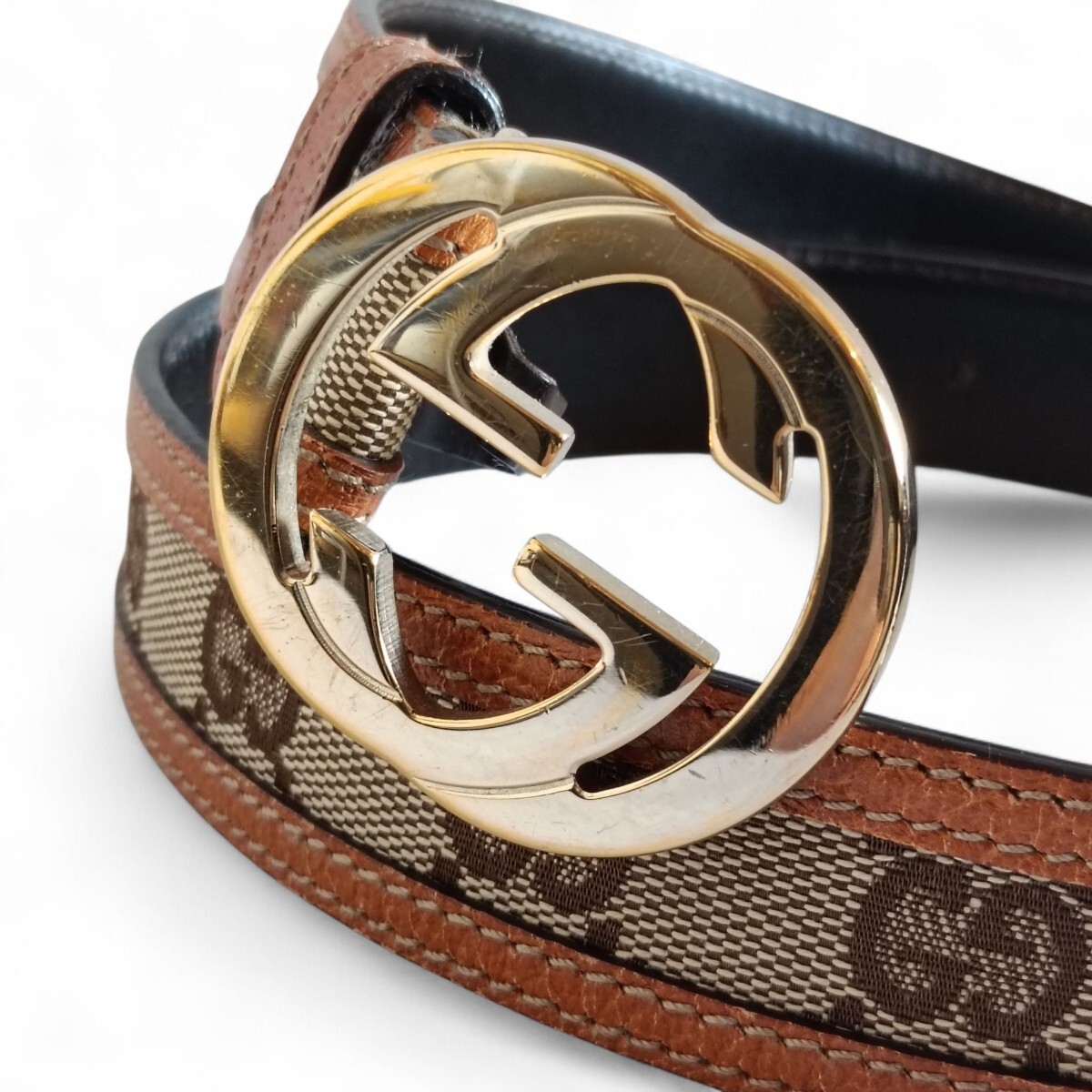GUCCI GG Sサイズ 74-79cm キャンバス レザー ベルト シルバー金具 GUCCI GG Sサイズ 74-79cm キャンバス レザー ベルト シルバー金具