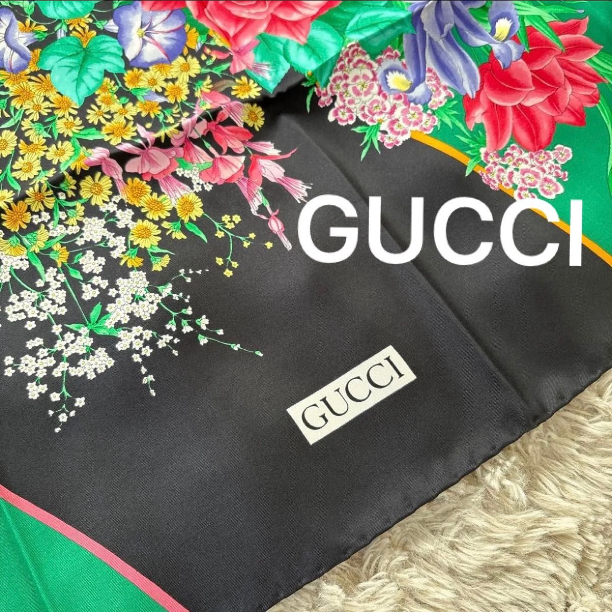 GUCCI 花柄　スカーフ ライトグリーン　グッチ　花　正規品　大判 GUCCI グッチ 大判ロングスカーフ 花柄 フラワー シルク ライト