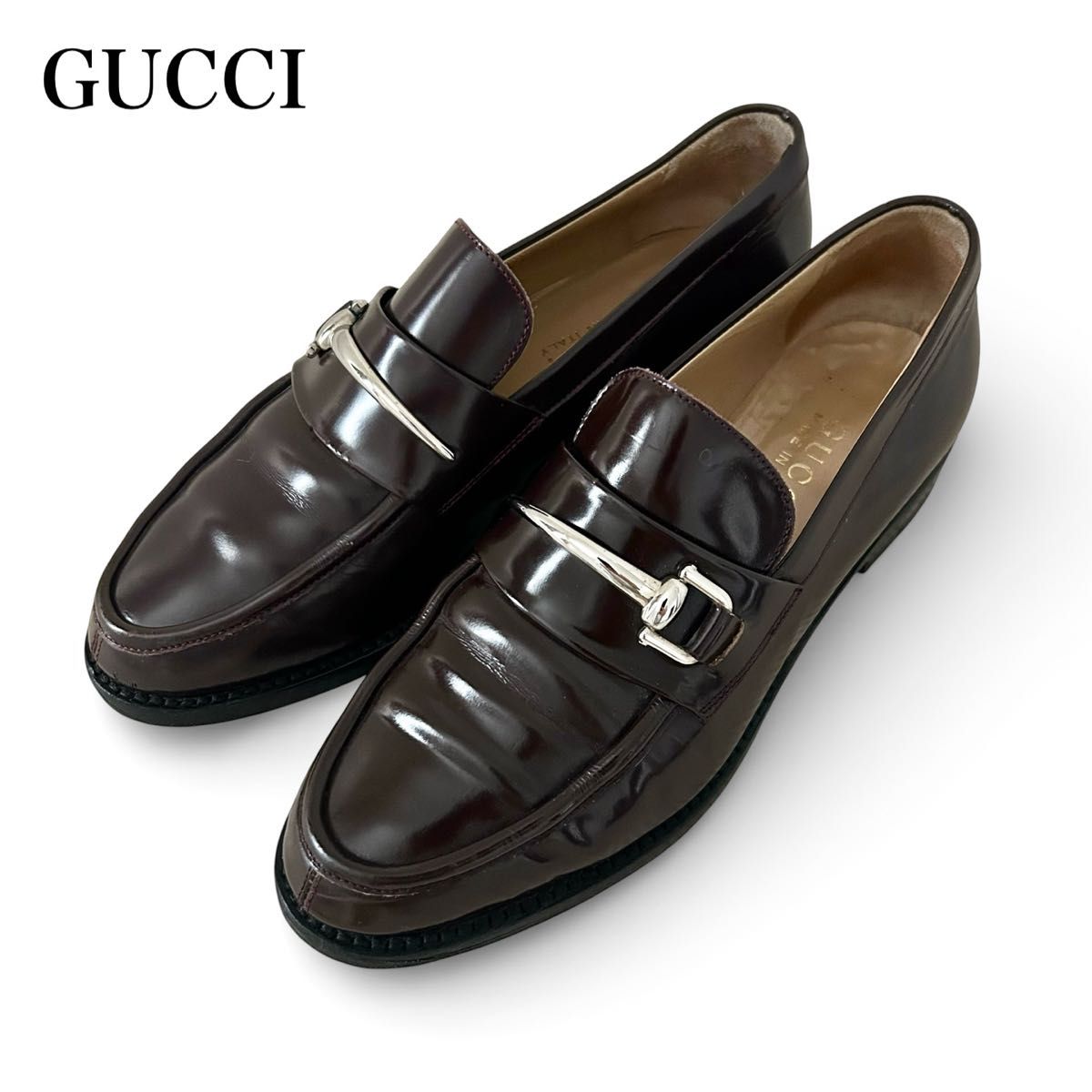 超美品》グッチ ホース ビット ローファー シルバー金具 黒系 34 1/2 