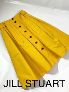 美品 JILLSTUART コットン スカート プリーツスカート Aライン 日本製 ジルスチュアート リボン付き マスタードイエロー フレアスカート