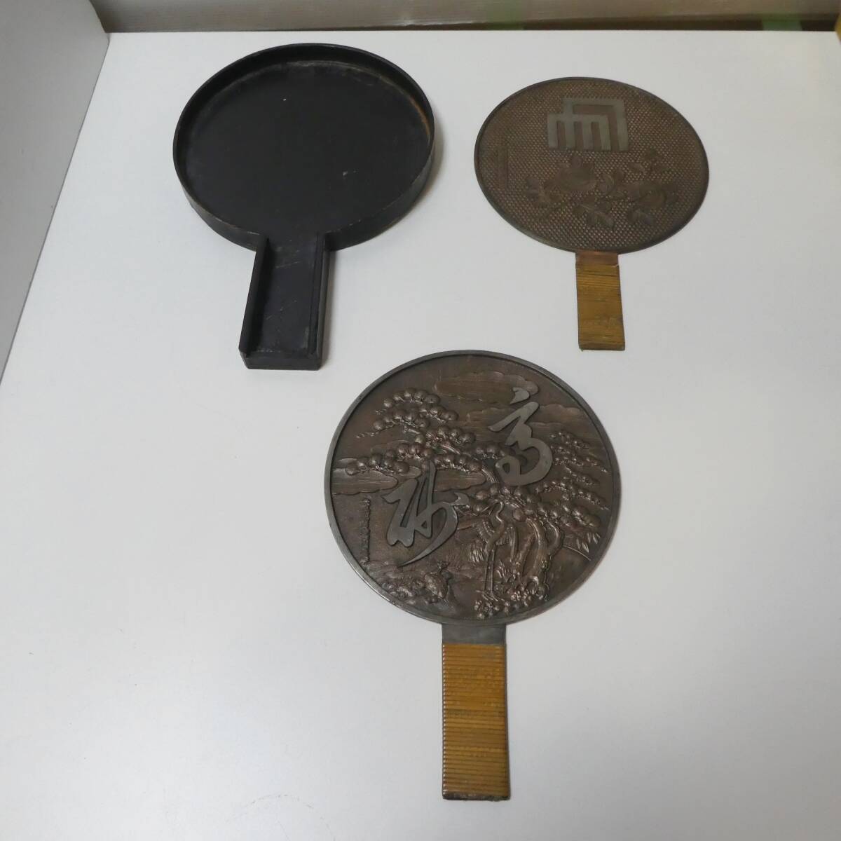 古鏡 彫金 銅鏡 時代 松〇豊後守 藤原吉長作 梨地蒔絵 鏡箱 和鏡 銅製