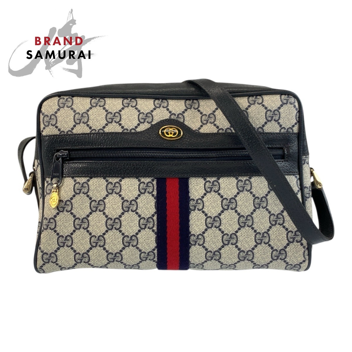 美品 GUCCI グッチ ヴィンテージ グレー ネイビー ゴールド金具 美品 GUCCI グッチ ヴィンテージ グレー ネイビー ゴールド金具