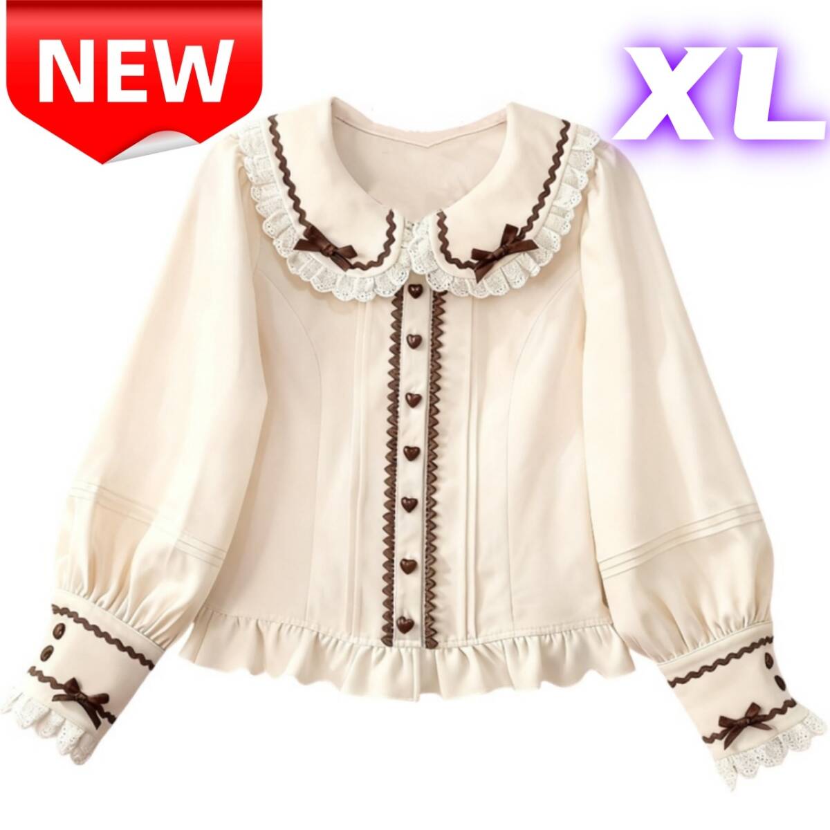 Preview of [新品]ロリータ ブラウス 長袖 フリル レース リボン ハート型ボタン 甘ロリ ゴシック レディース トップス XL クリーム 可愛い カジュアル