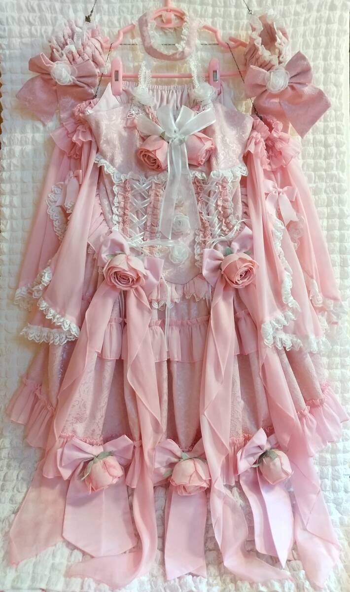 Preview of ■Diamond Honey■ジャカードホルターネックJSK＋付け袖＋ガーターリングセット XLピンク■薔薇リボン付きノースリーブワンピースロリータ
