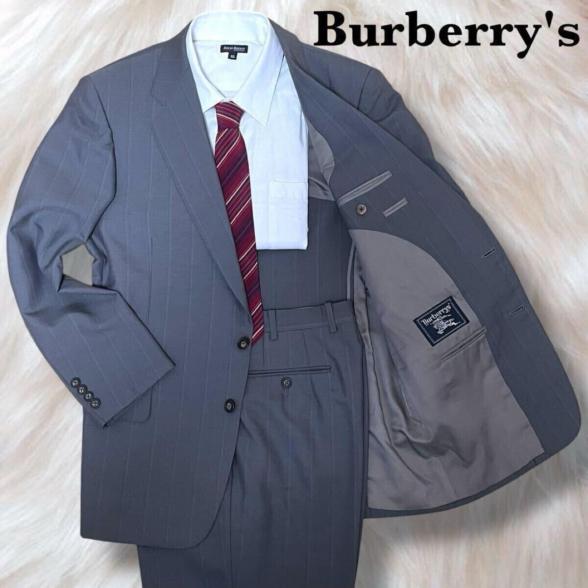 【美品】バーバリーロンドン 高級スーツ上下 セットアップ ストライプ 日本製 BURBERRY LONDON ストライプスーツ セットアップグレー M〜L相当