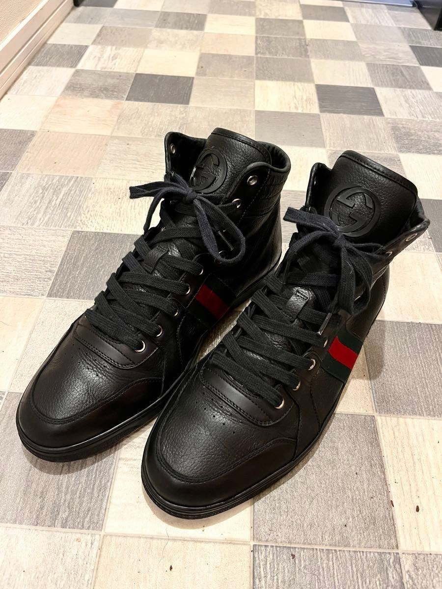 メンズ Gucci ラバースタッズハイカットレザースニーカー ブラックItaly