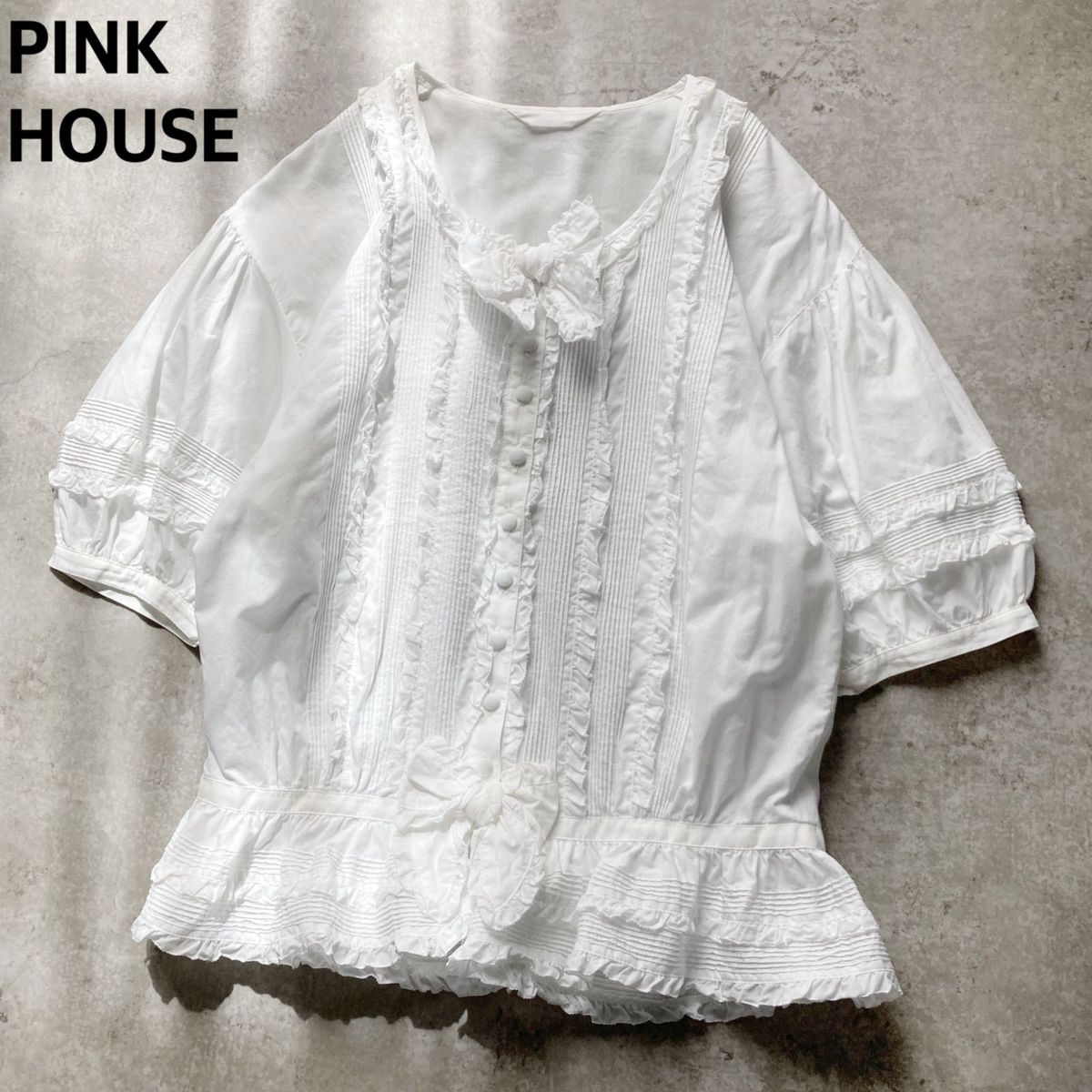 ピンクハウス　チュニック　ブラウス　ホワイト　ピンタック　レースフリル　長袖 PINK HOUSE ピンクハウス / ピンタック レース ブラウス 白 フリル