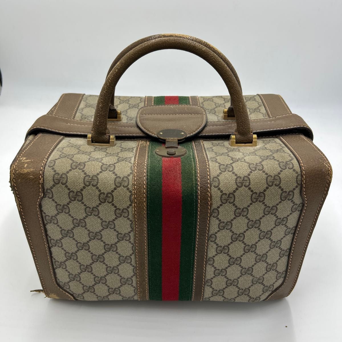 GUCCI オールドグッチ GG柄 ミニボストンバッグ PVC レザー ブラウン