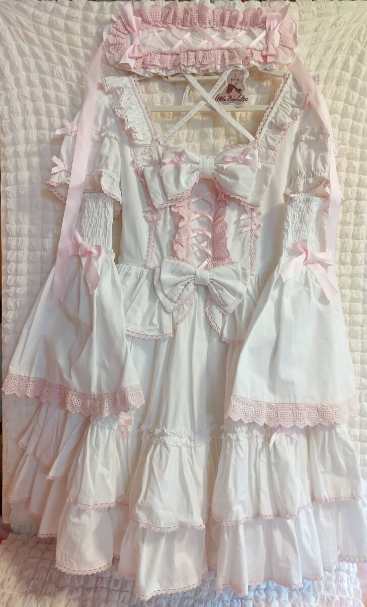 Preview of ■小能熊lolita■半袖ワンピース＋付け袖＋ヘッドドレスセット 白ピンクXL■パフスリーブ姫袖アームカバー綿レース綿サテンリボンロリータ