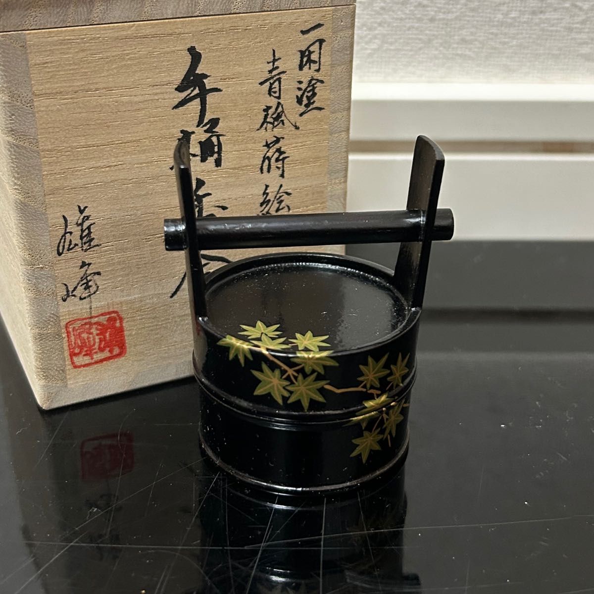 茶道具　加賀山中塗蒔絵師　坂下雄峰作　黒漆塗花筏蒔絵大平棗　美品！！ 坂下雄峰