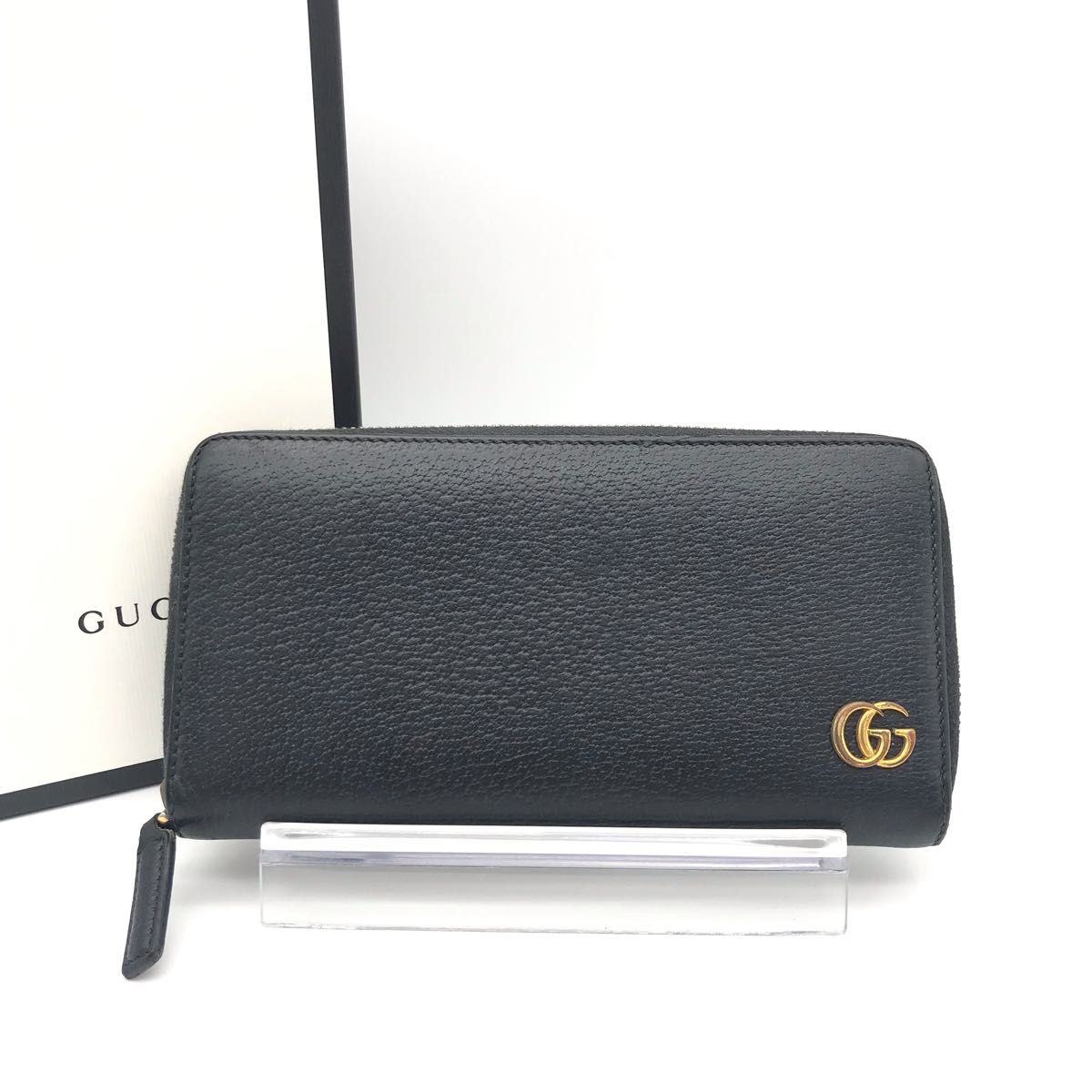 GUCCI グッチ 長財布 GGシマ レザー ラウンドファスナー ブラック 