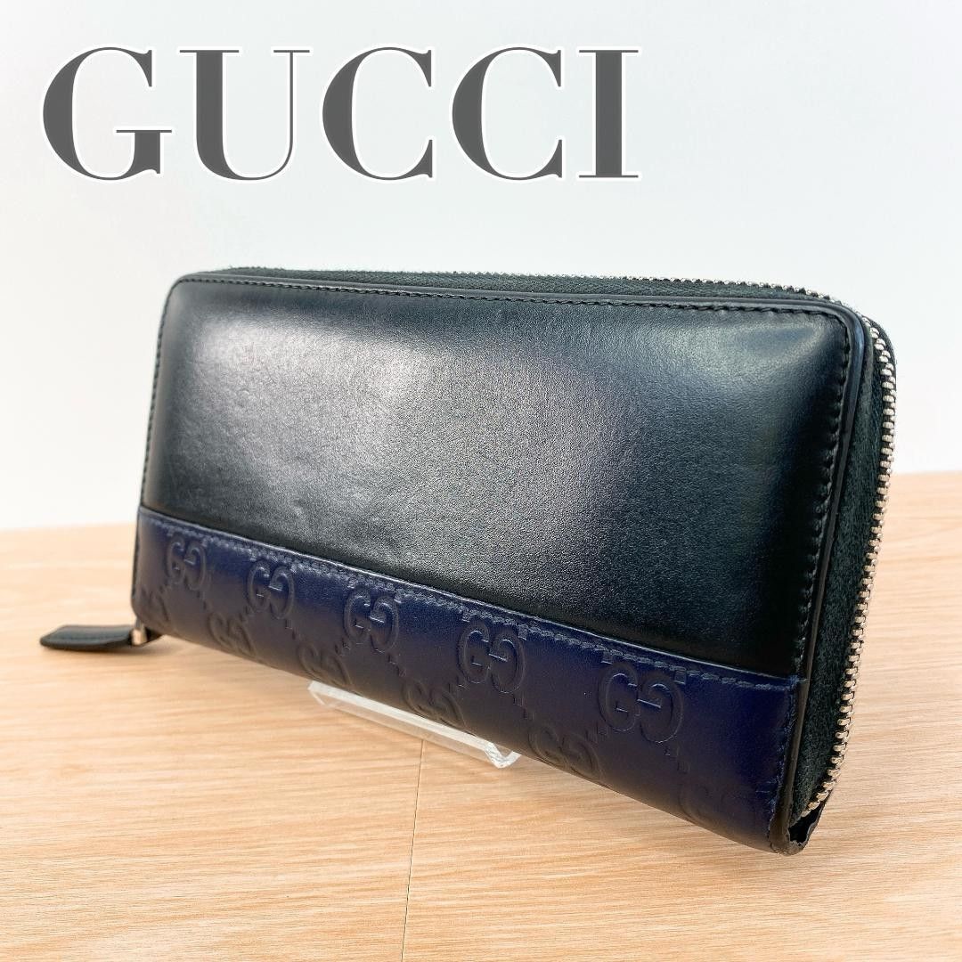 GUCCI グッチ 長財布 ラウンドファスナー シマ ネイビー | Shop at