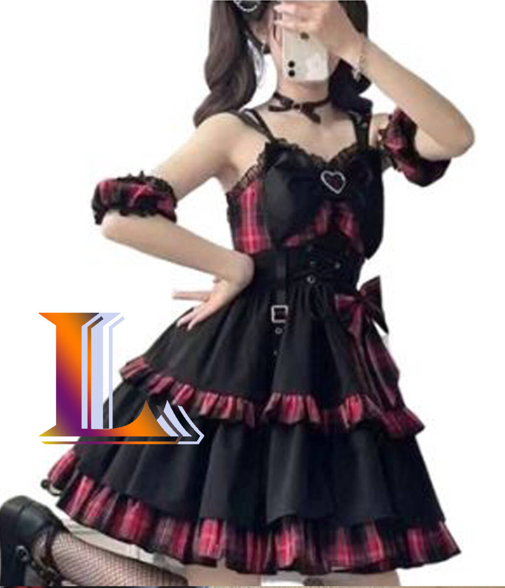 Preview of ストリート 赤 チェック フリル ロリータ アイドル風 ワンピース ゴシック ダーク系 ロック キャミソール ブラック レッド