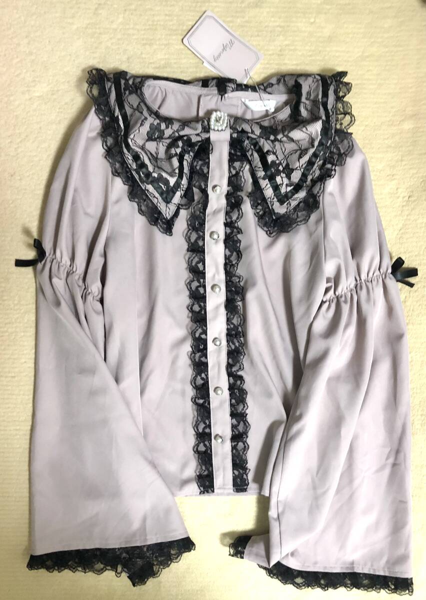 Preview of 新品 マジョレッティ majoretty リボン衿 姫袖ブラウス ピンク × 黒レース Sサイズ ひめ襟 量産型 地雷系 ゴスロリ ロリータ お嬢様 即決