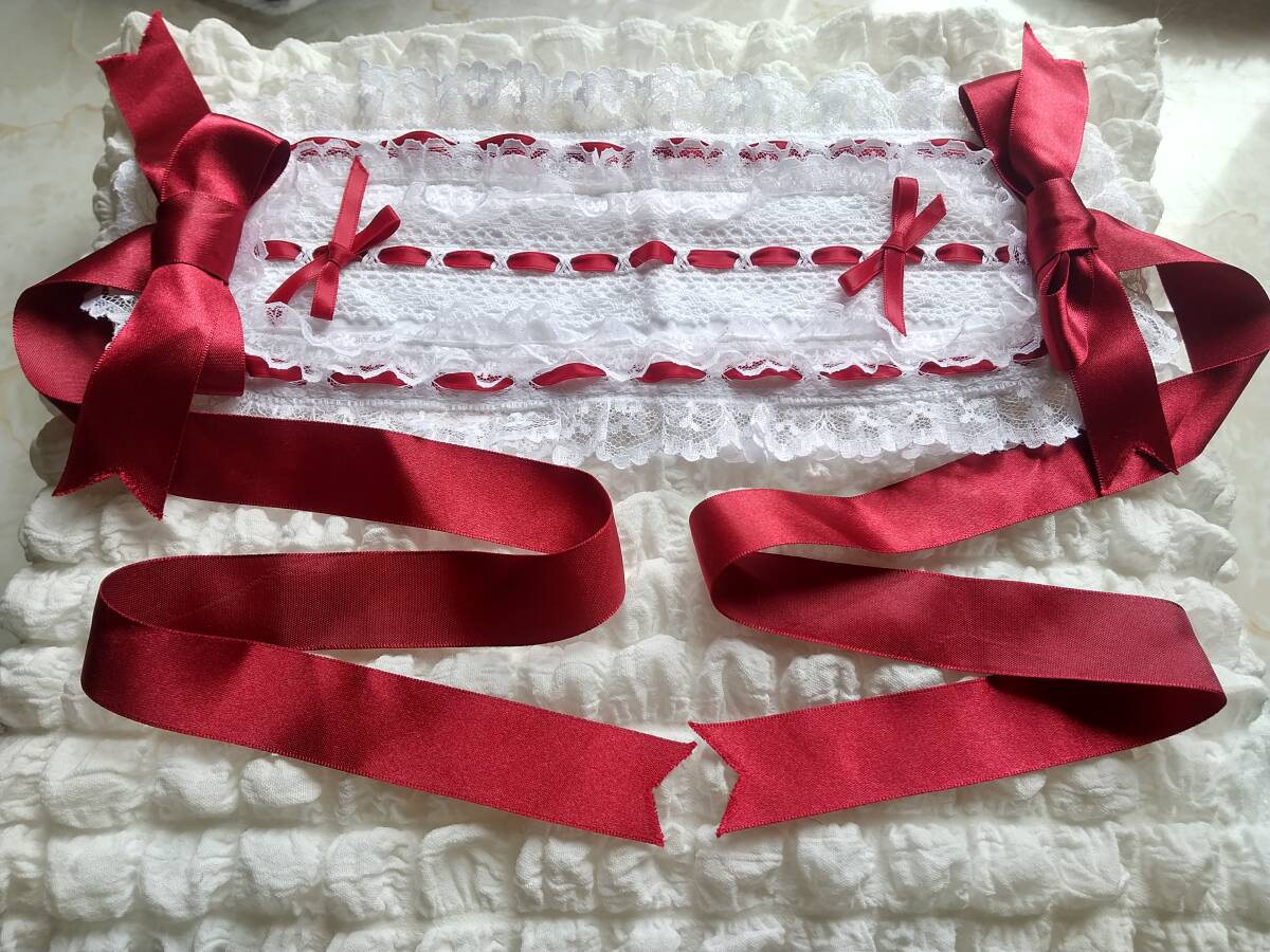Preview of ハンドメイド■はしごレースリボン通し5種レースフリルリボン付きヘッドドレス 白×エンジ赤■クラシカルロリータロリィタゴスロリドール