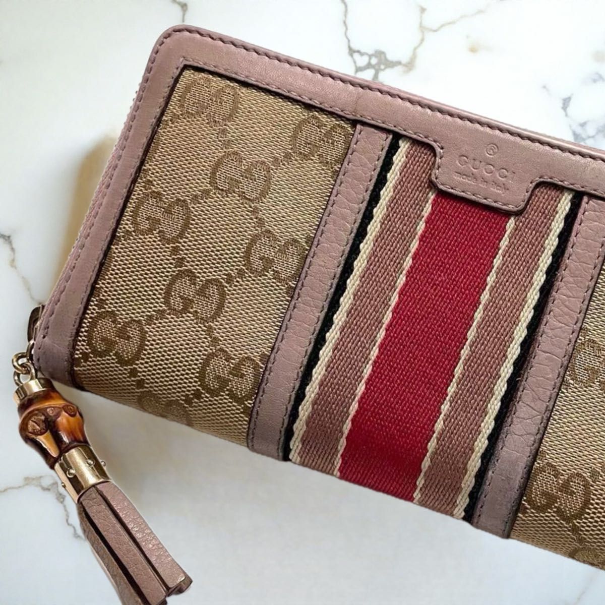 GUCCI グッチ GGキャンバス シェリーライン リボン ラウンドファスナー 