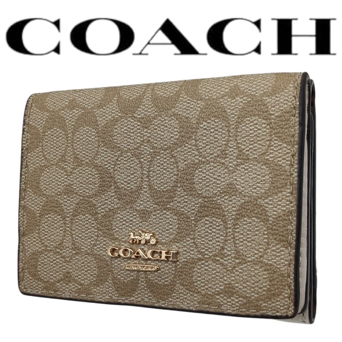 COACH コーチ 三つ折り財布 シグネチャー ベージュ×白 | Shop at