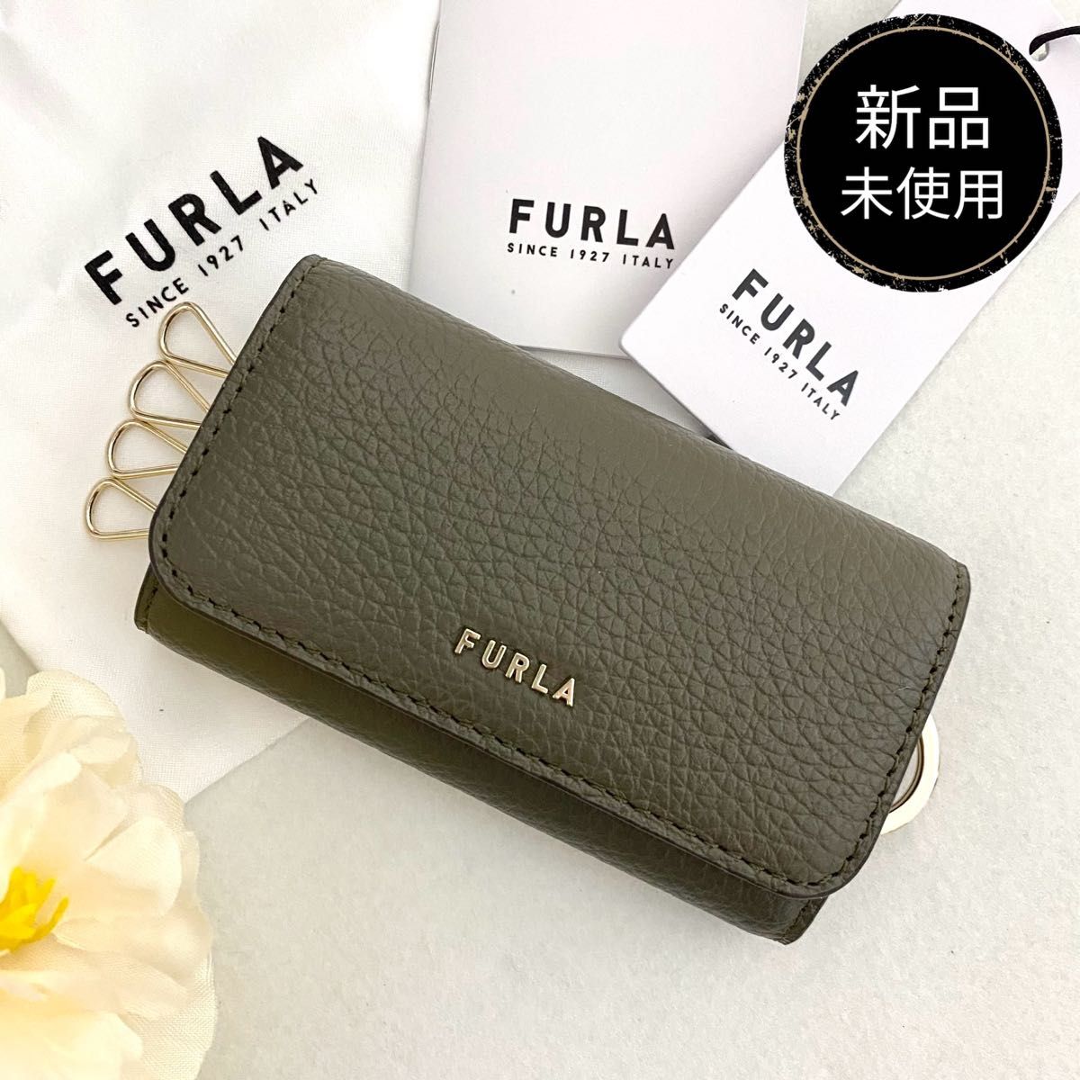 付属品全て有り☆新品 FURLA フルラ 4連キーケース グリーンベージュ