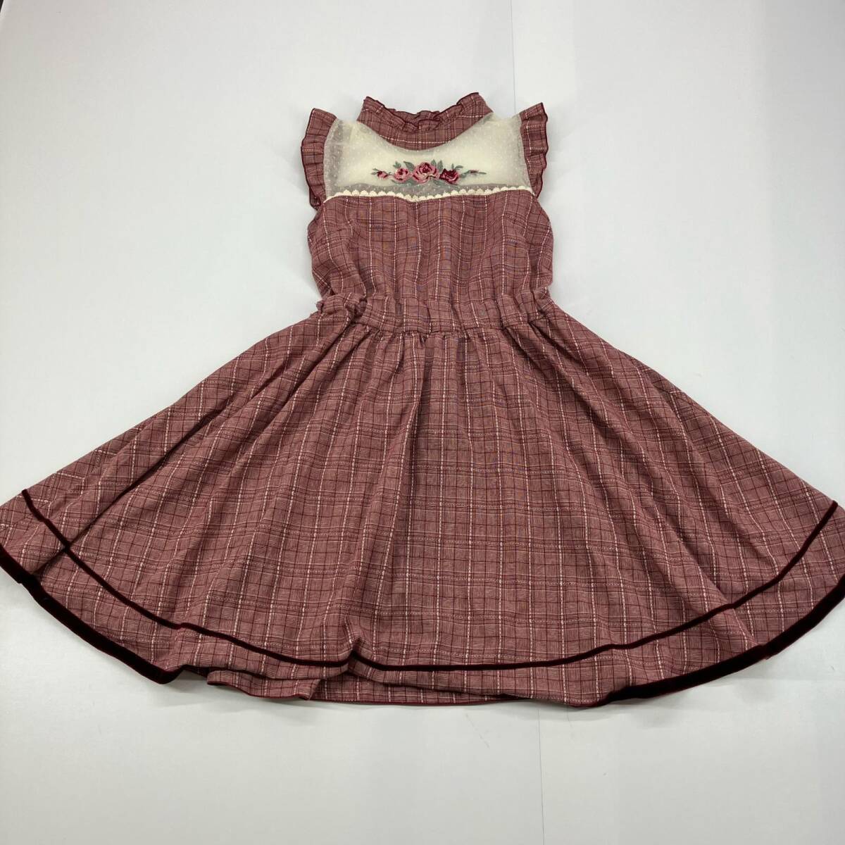 Preview of ◎バラ 刺繍 レース ワンピース ボルドー チェック柄 ツイード調 ドレス 薔薇 クラシカル ロリータ ガーリー フォーマル 発表会 古着