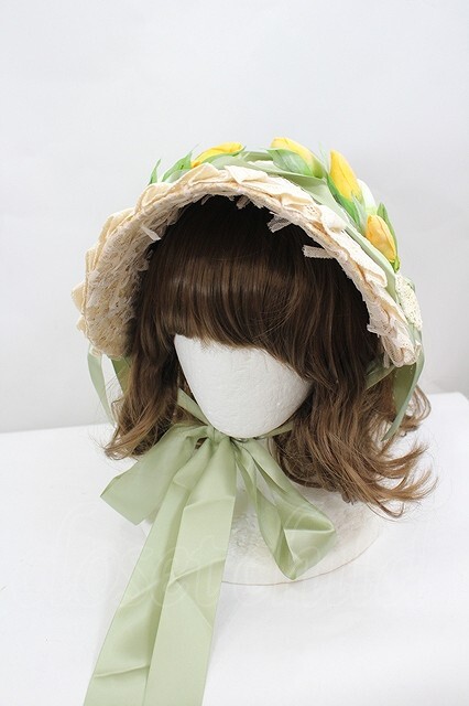 Preview of LOLITAその他(お買取対象外) / チューリップ風モチーフ麦わらヘッドドレス 緑ｘ黄色ｘ生成り I-26-06-23-085-LO-AC-SA-ZI