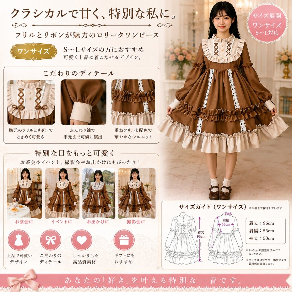 Preview of ★新品★ロリータ ワンピース ブラウン フリル レース 長袖 クラシカルロリータ 姫系 ゴスロリ ハイウエスト パール ボタン