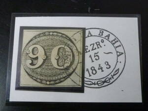 21MI　M 　№E　ブラジル切手　クラシック　1843年　BULLS EYES　SC#3　90r　使用済　【SC評価 $1,300】