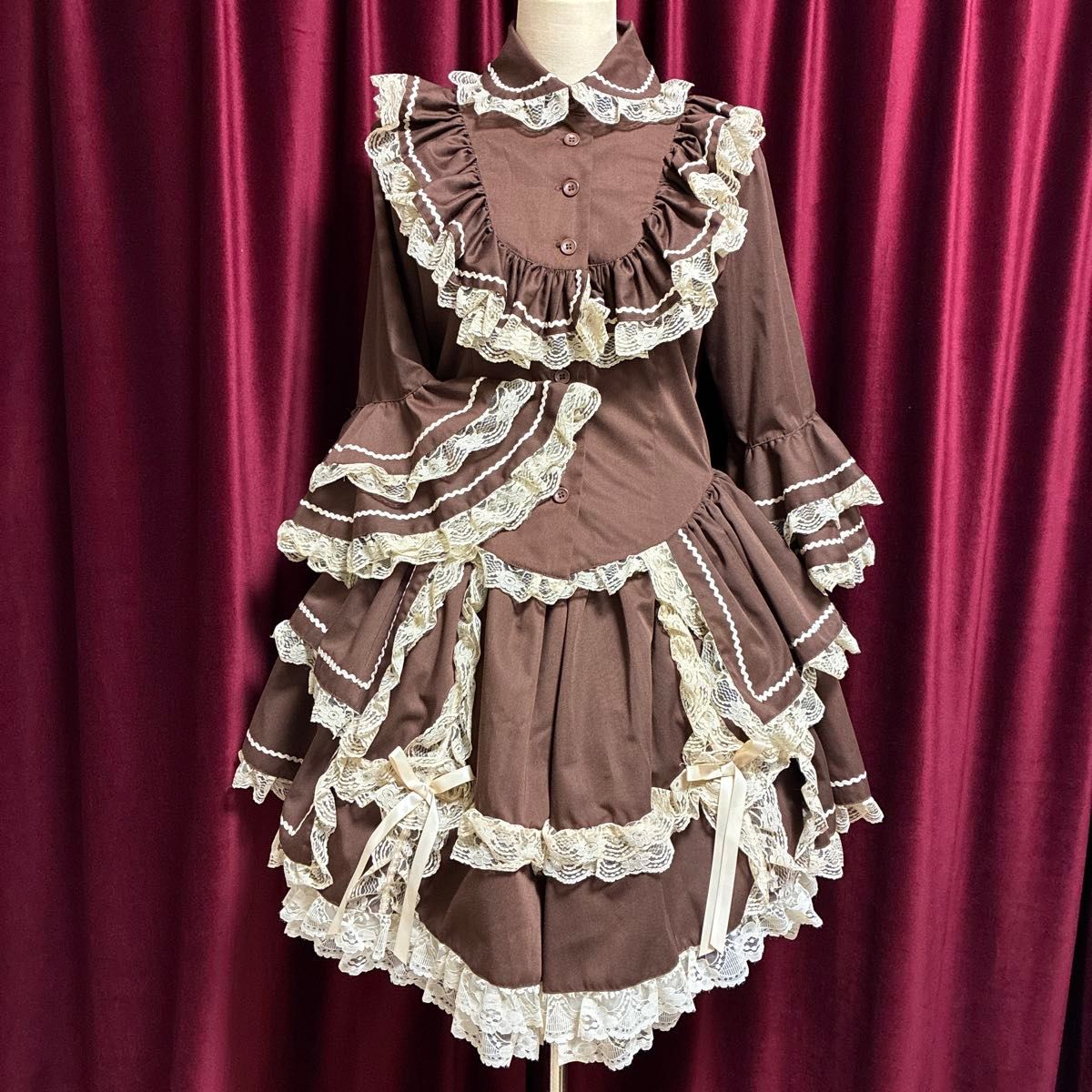 Preview of 00s ブラウン ×生成レース 懐古 ゴスロリ セットアップ レース 平成 姫袖 ワンピース ロリータ