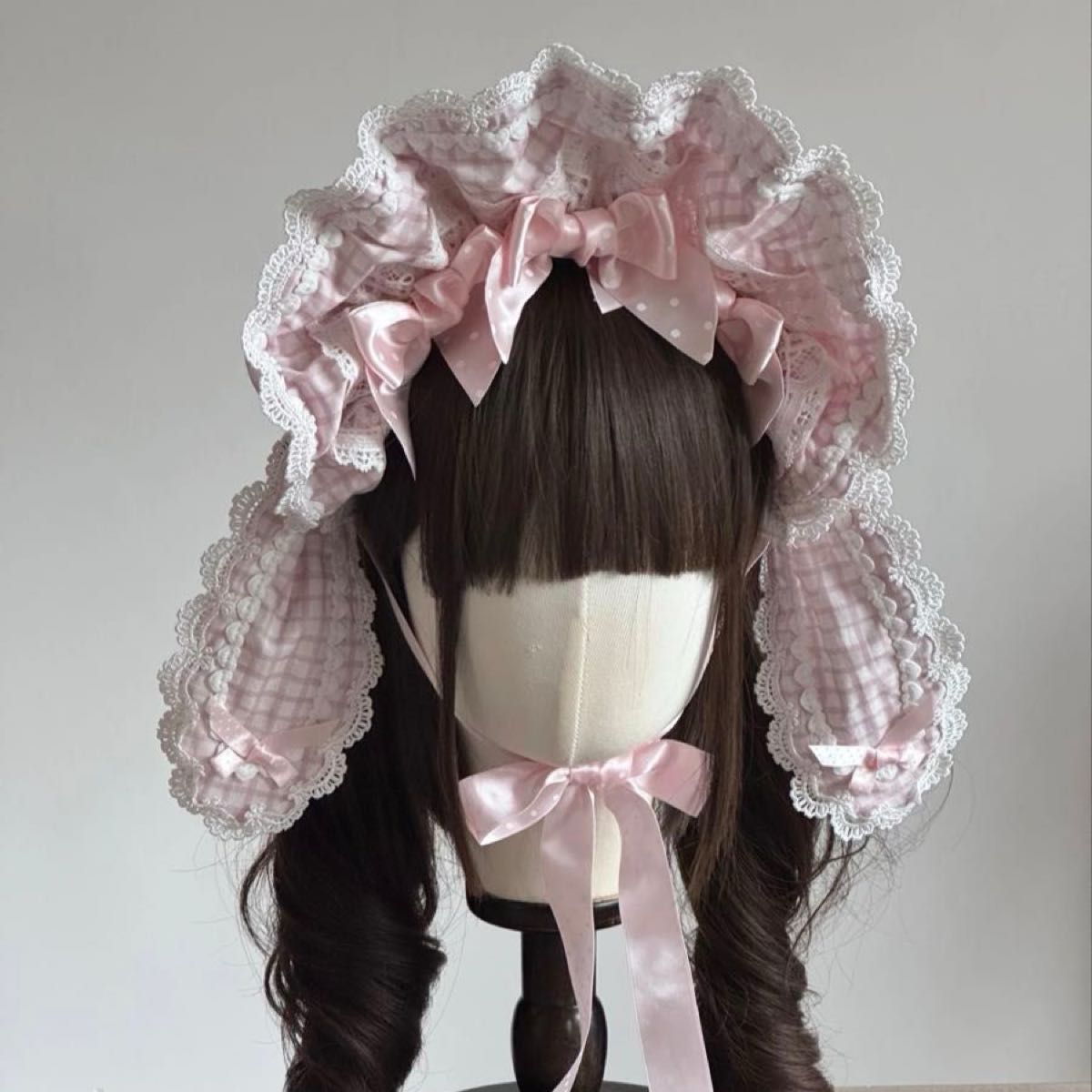 Preview of ピンク ギンガムチェック うさ耳 ボンネット ロリータ 可愛い リボン 新品 ヘッドドレス