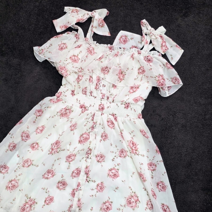 Preview of 夢展望 ピンク薔薇 ワンピース フリル 肩リボン 2way 花柄ワンピ 姫系 ロリータ 極美品