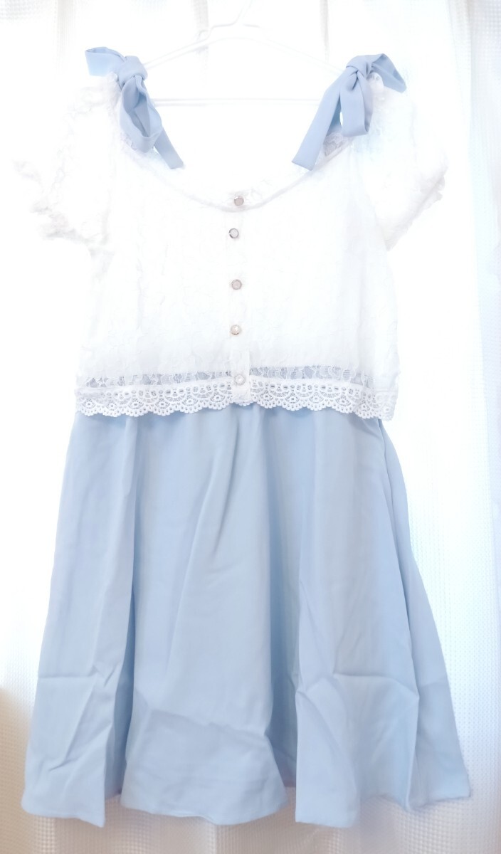 Preview of 夢展望 肩リボン レース ジョーゼット セットアップ風 ワンピース ロリータ ガーリー