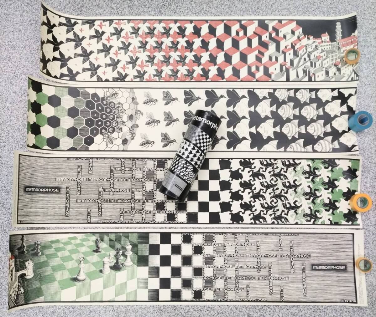 Preview of 【ポスター4枚組】M.C.エッシャー：Maurits Cornelis Escher / メタモルフォーゼ II 変容 II / オランダ /版画家/巻物レプリカ/管理:コ②