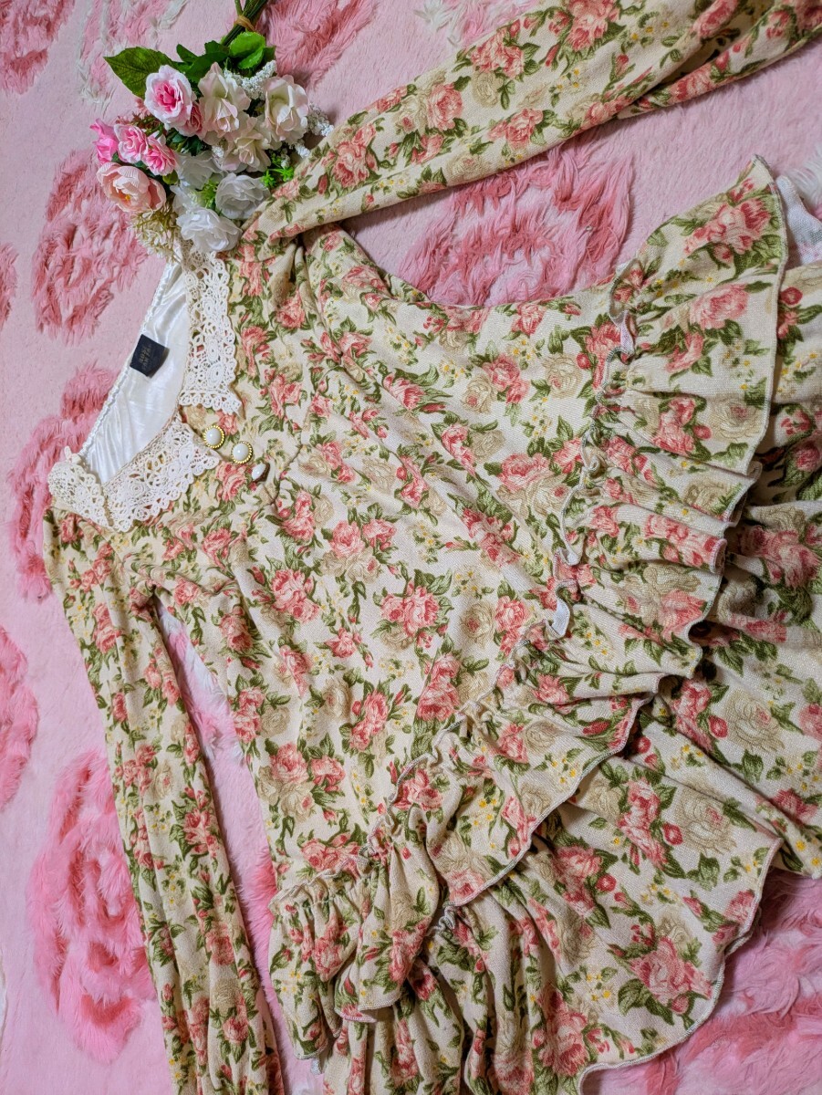 Preview of ROSE FANFAN◆ベージュ◆ゴージャス◆花柄◆フリル◆2段◆ボリューム◆ロリータ◆激レア◆フリフリ◆ワンピース