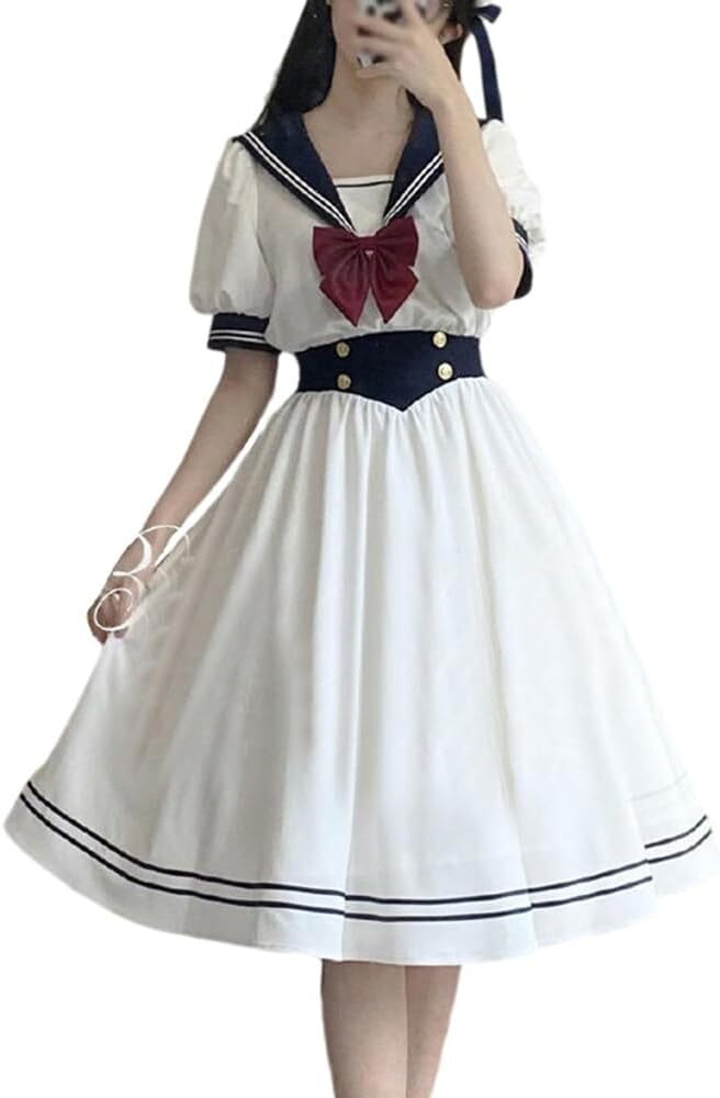 Preview of 【未使用】 セーラーワンピース マリン風 ロリータ リボン付き ホワイト 【Mサイズ】
