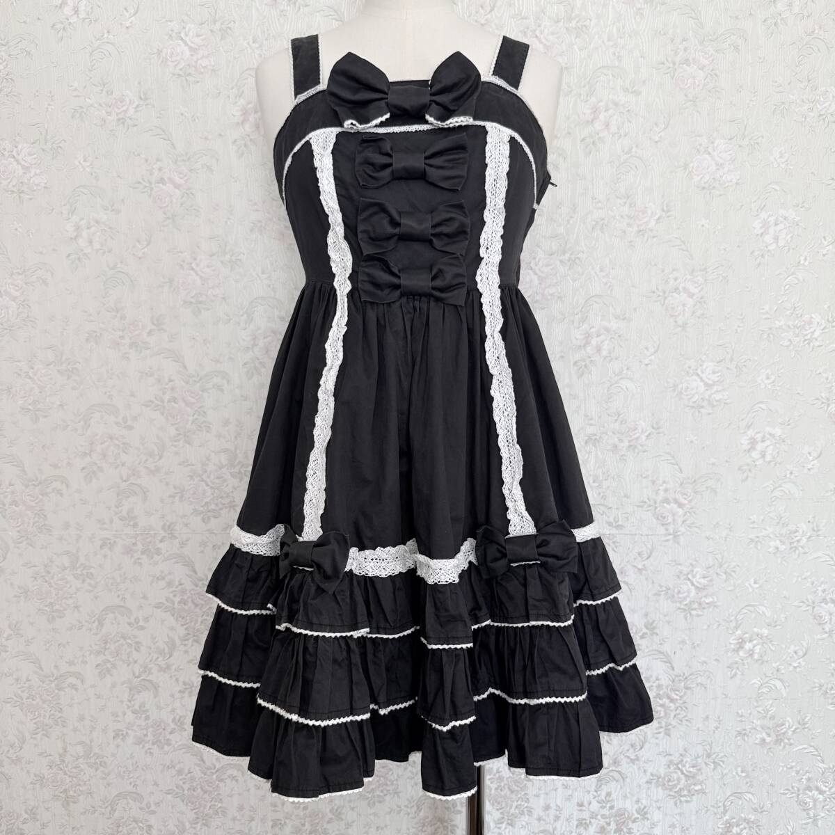 Preview of ★ Angelic Pretty アンジェリックプリティ リボン 3段フリル ティアード ジャンパースカート ブラック×ホワイト ロリータ ★