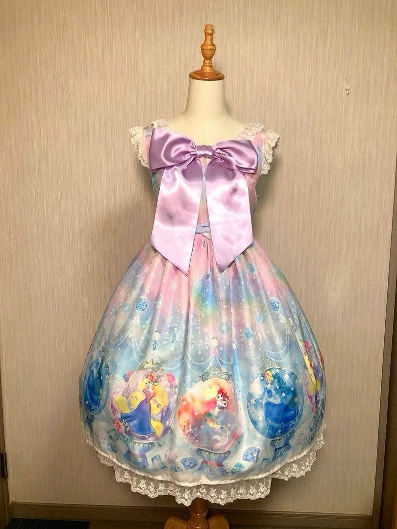 Preview of Angelic Pretty ディズニープリンセス柄 ジャンパースカート リボン ピンク ライトブルー パープル ワンピース