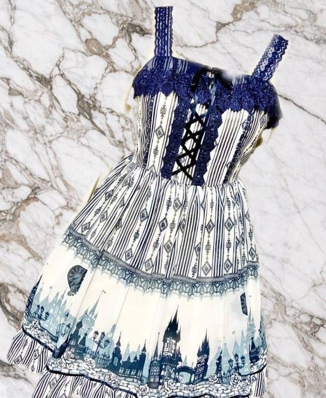 Preview of axes femme お城 街並み ワンピース JSK 時計 薔薇 ロリータ ジャンパースカート kawaii 紺 ネイビー